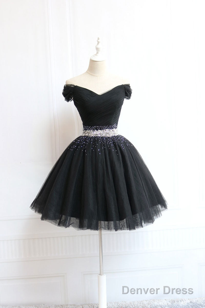 Black Tulle Off Shoulder Short Prom Dress, Black Homecoming Dresses