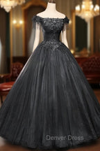 Black Tulle Off Shoulder with Lace Applique Party Dresses, Black Tulle Long Sweet 16 Dresses