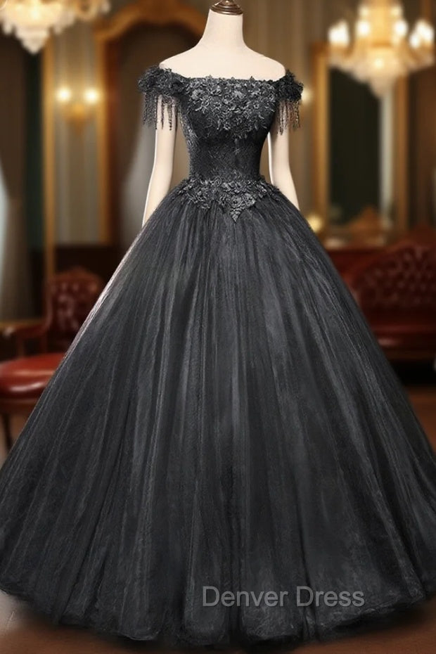 Black Tulle Off Shoulder with Lace Applique Prom Dress, Black Tulle Long Sweet 16 Dresses