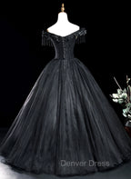 Black Tulle Off Shoulder with Lace Applique Prom Dress, Black Tulle Long Sweet 16 Dresses