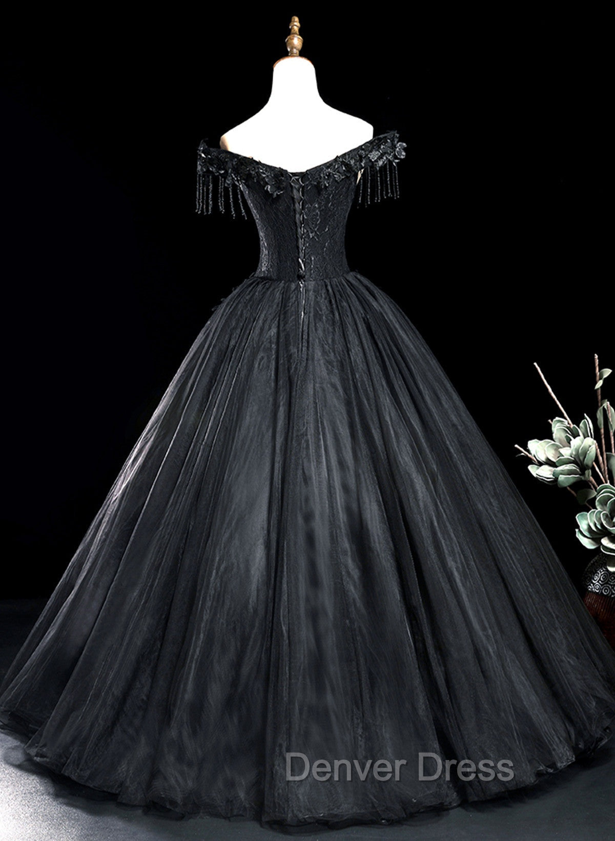 Black Tulle Off Shoulder with Lace Applique Prom Dress, Black Tulle Long Sweet 16 Dresses