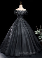 Black Tulle Off Shoulder with Lace Applique Party Dresses, Black Tulle Long Sweet 16 Dresses