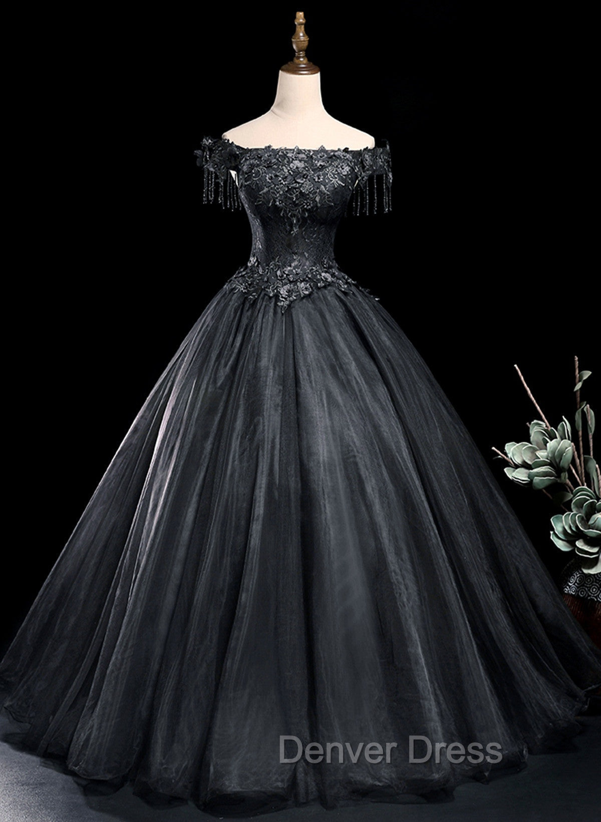 Black Tulle Off Shoulder with Lace Applique Prom Dress, Black Tulle Long Sweet 16 Dresses Main image