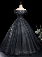 Black Tulle Off Shoulder with Lace Applique Prom Dress, Black Tulle Long Sweet 16 Dresses