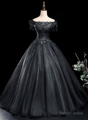 Black Tulle Off Shoulder with Lace Applique Party Dress, Black Tulle Long Sweet 16 Dress