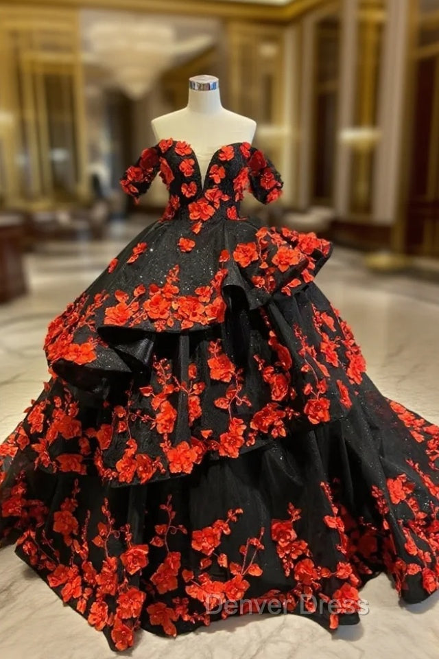 Black Tulle Off the Shoulder Red 3D Appliques Prom Dresses Main image