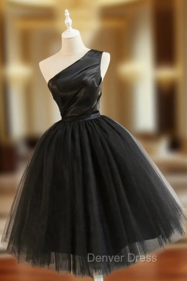 Black Tulle One Shoulder Elegant Tea Length Party Dresses, Black Formal Dresses