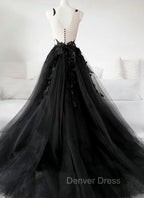 Black Tulle Party Dresses with Lace Long Prom Dresses, Pretty Black Evening Dresses