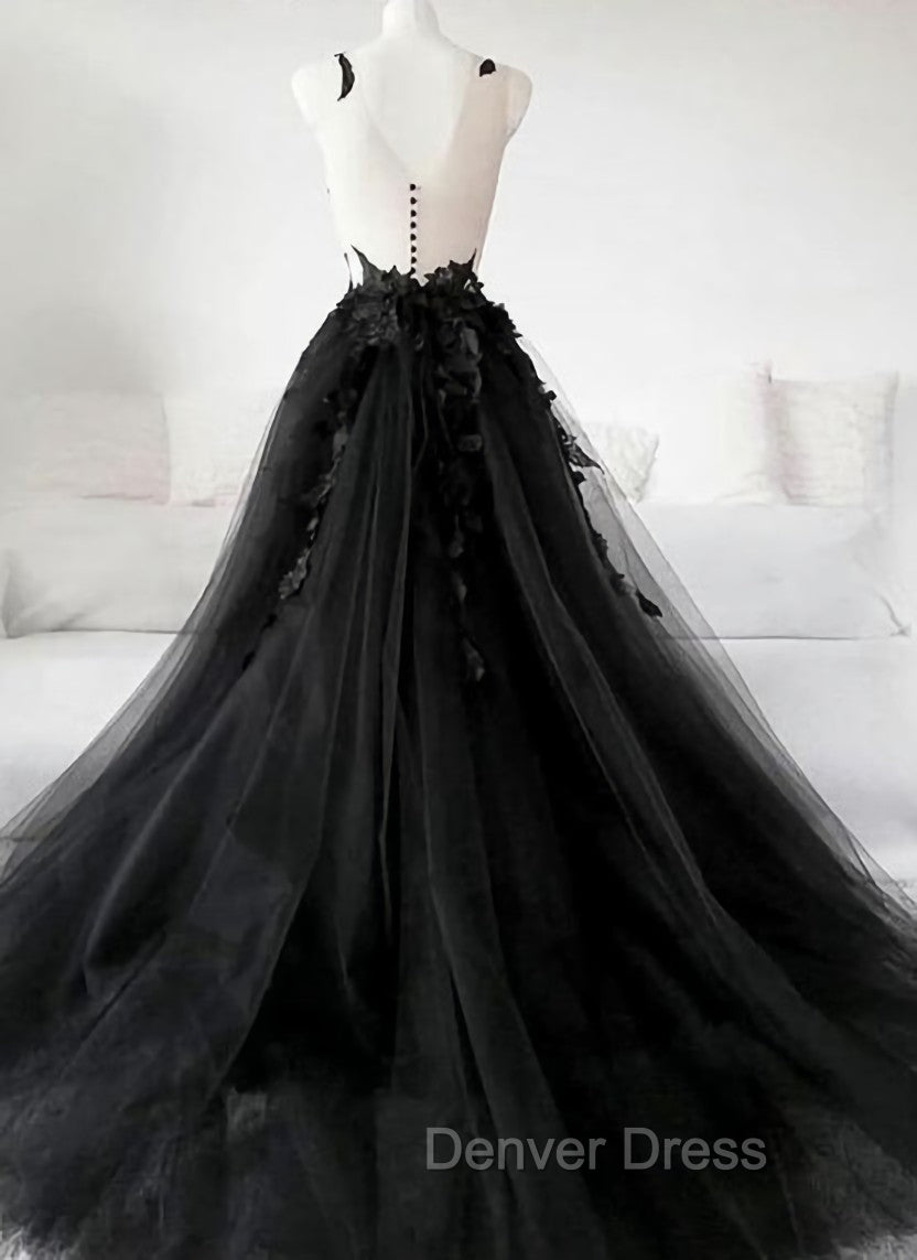 Black Tulle Prom Dress with Lace Long Prom Dress, Pretty Black Prom Dresses