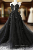Black Tulle Party Dresses with Lace Long Prom Dresses, Pretty Black Evening Dresses