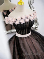Black Tulle & Pink Flowers Sparkle Prom Dresses