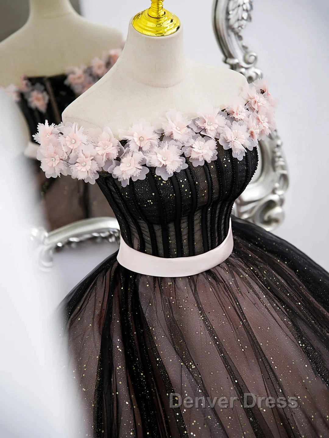 Black Tulle & Pink Flowers Sparkle Prom Dresses
