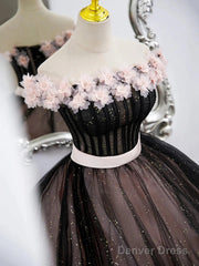 Black Tulle & Pink Flowers Sparkle Prom Dress