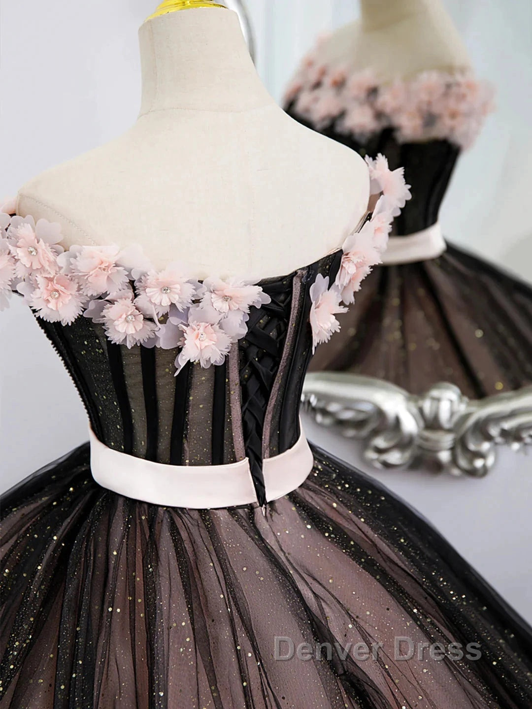 Black Tulle & Pink Flowers Sparkle Prom Dresses