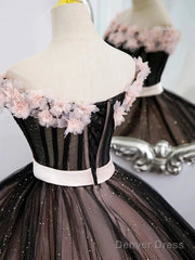 Black Tulle & Pink Flowers Sparkle Prom Dress