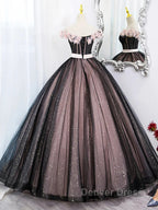 Black Tulle & Pink Flowers Sparkle Prom Dresses