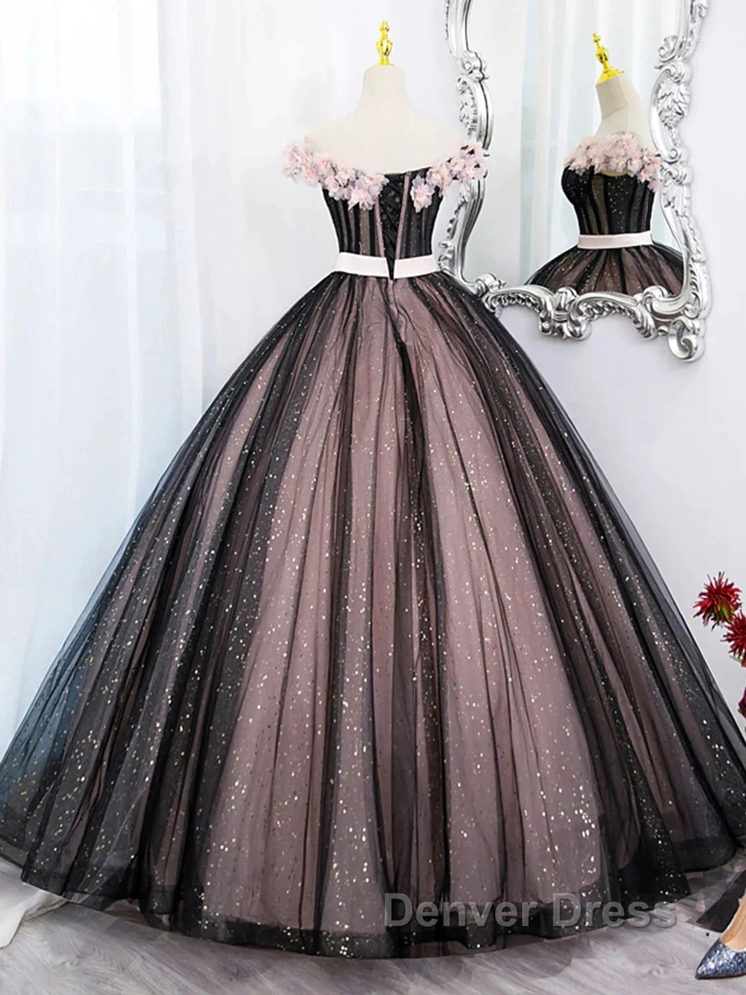 Black Tulle & Pink Flowers Sparkle Prom Dresses