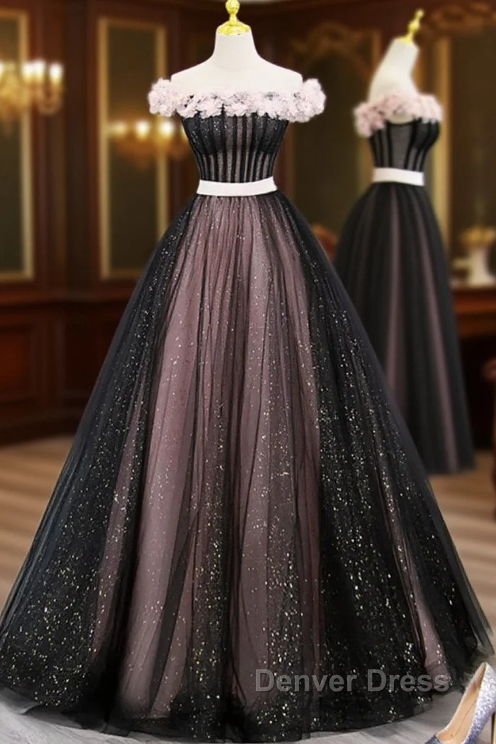 Black Tulle & Pink Flowers Sparkle Prom Dresses Main image