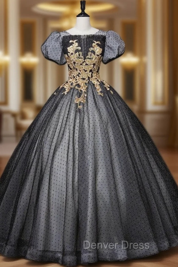 Black Tulle Puff Sleeve Appliques Sequins Quinceanera Dresses Main image