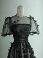 Black Tulle Puffy Short Sleeves A-Line Prom Dresses, Black Evening Dresses Party Dresses
