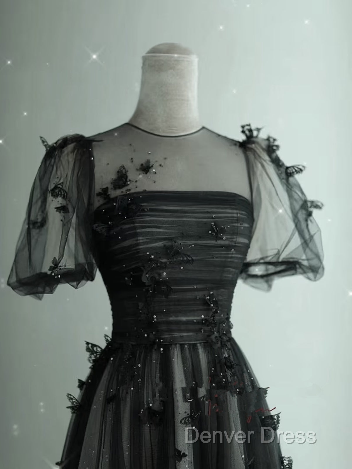 Black Tulle Puffy Short Sleeves A-Line Prom Dresses, Black Evening Dresses Party Dresses