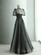 Black Tulle Puffy Short Sleeves A-Line Prom Dresses, Black Evening Dresses Party Dresses