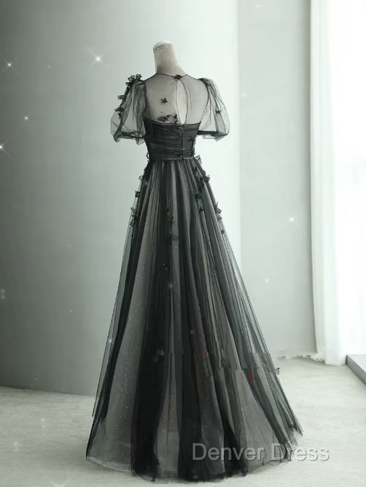 Black Tulle Puffy Short Sleeves A-Line Prom Dresses, Black Evening Dresses Party Dresses