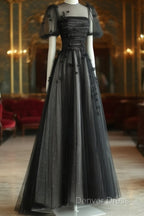 Black Tulle Puffy Short Sleeves A-Line Prom Dresses, Black Evening Dresses Party Dresses