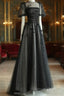 Black Tulle Puffy Short Sleeves A-Line Prom Dresses, Black Evening Dresses Party Dresses