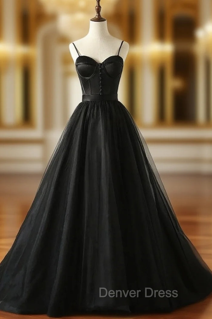 Black Tulle Satin Spaghetti Straps Button Prom Dresses Main image