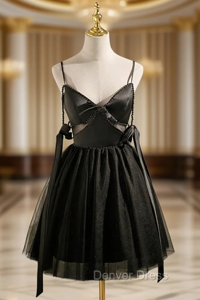 Black Tulle Satin Spaghetti Straps Pearls Homecoming Dresses