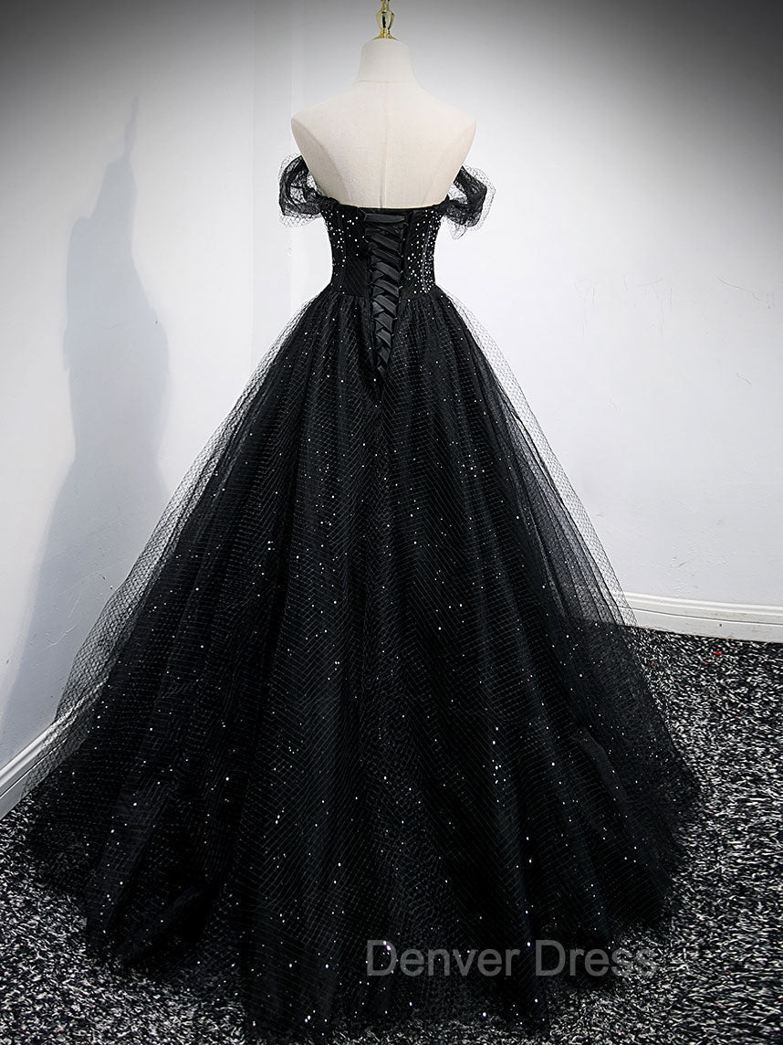 Black Tulle Sequin Long Prom Dresses, Black Tulle Formal Dresses Secondary image