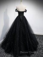Black Tulle Sequin Long Prom Dresses, Black Tulle Formal Dresses
