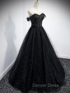 Black Tulle Sequin Long Prom Dresses, Black Tulle Formal Dresses
