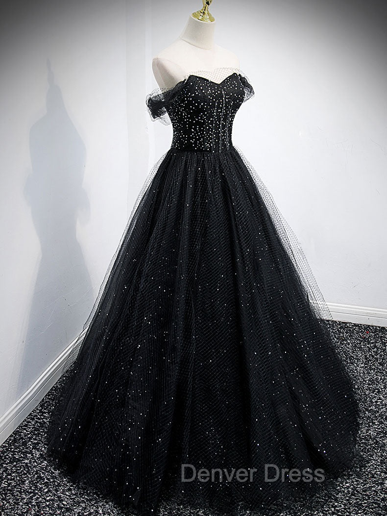Black Tulle Sequin Long Prom Dresses, Black Tulle Formal Dresses