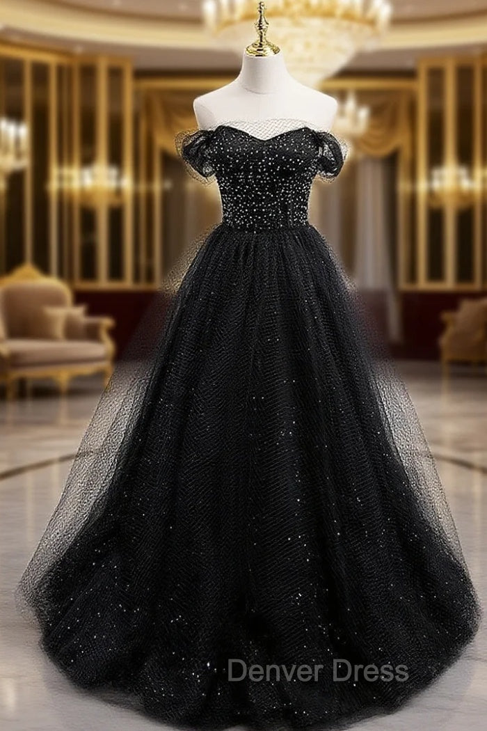 Black Tulle Sequin Long Prom Dresses, Black Tulle Formal Dresses Main image