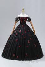 Black Tulle Sequins Long Prom Dress, A Line Off the Shoulder Backless Prom Dresses