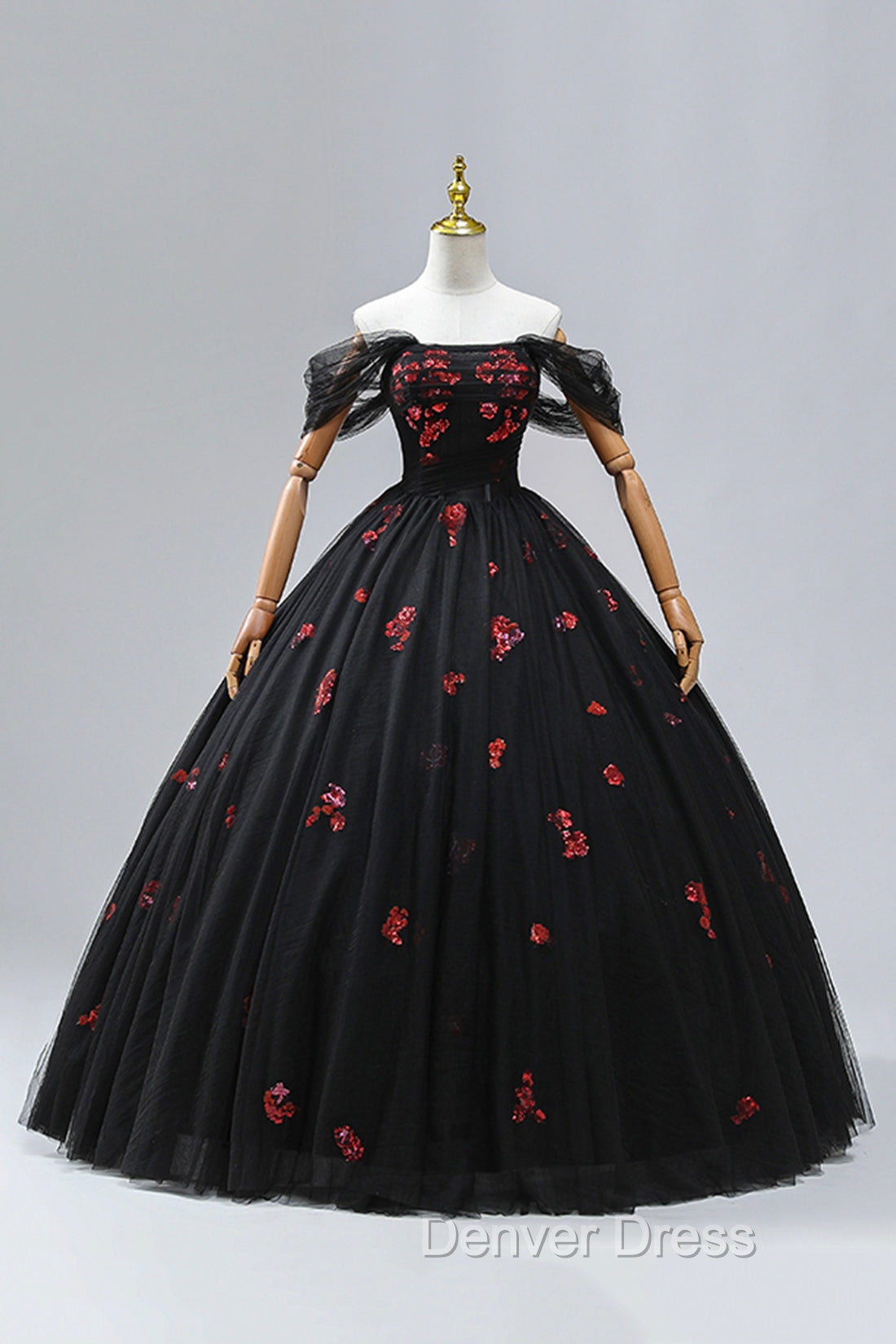 Black Tulle Sequins Long Prom Dress, A Line Off the Shoulder Backless Prom Dresses