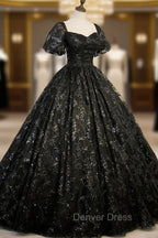Black Tulle Sequins Long Prom Dresses, A-Line Short Sleeve Formal Evening Gown