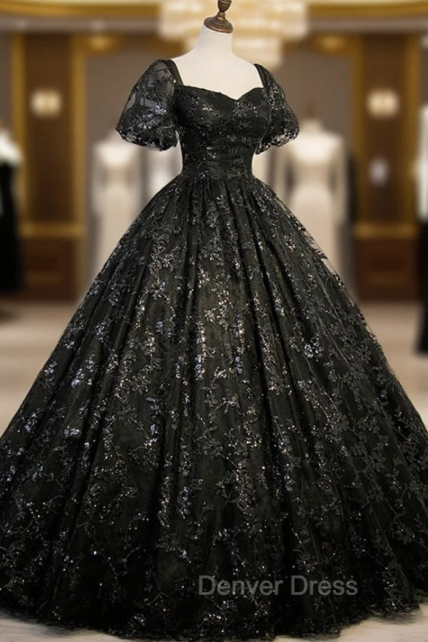 Black Tulle Sequins Long Prom Dresses, A Line Short Sleeve Prom Gowns