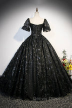 Black Tulle Sequins Long Prom Dresses, A-Line Short Sleeve Formal Evening Gown