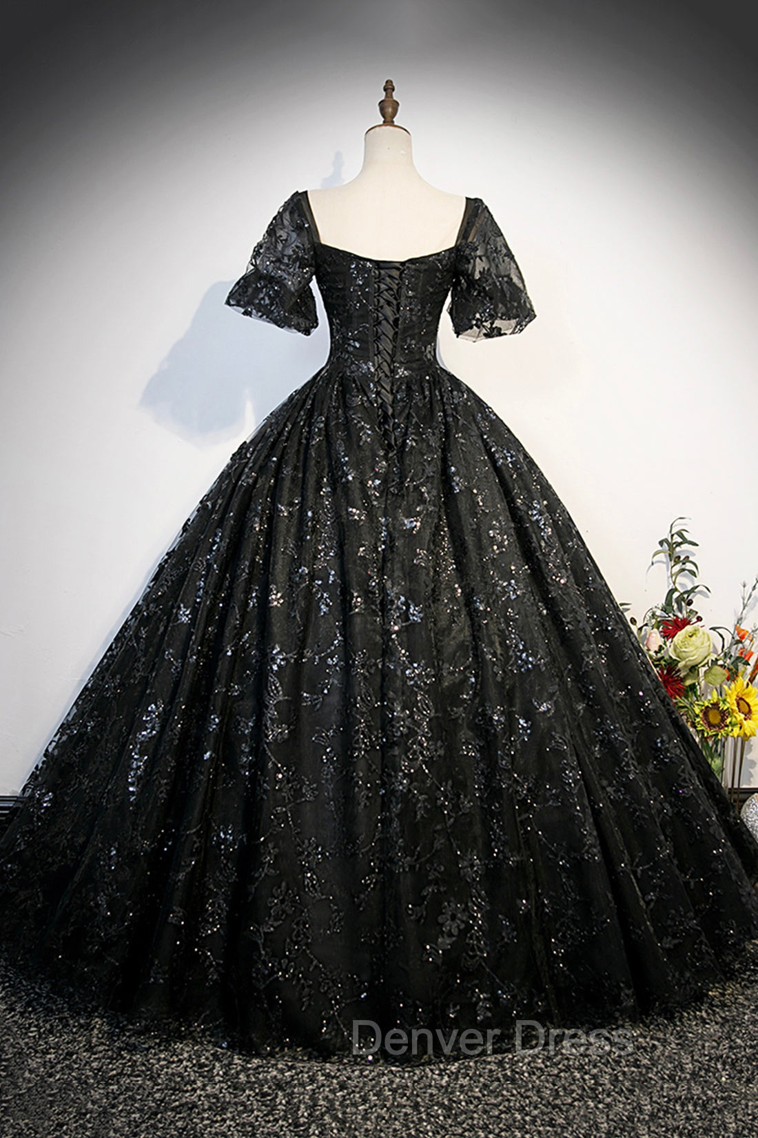 Black Tulle Sequins Long Prom Dresses, A-Line Short Sleeve Formal Evening Gown