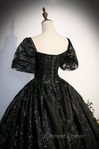 Black Tulle Sequins Long Prom Dresses, A-Line Short Sleeve Formal Evening Gown