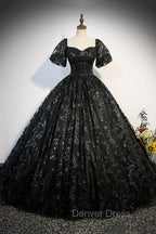 Black Tulle Sequins Long Prom Dresses, A-Line Short Sleeve Formal Evening Gown