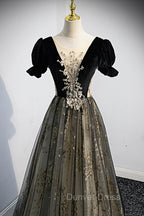Black Tulle Sequins Long Prom Dresses, Black A-Line Formal Evening Dresses