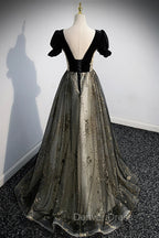 Black Tulle Sequins Long Prom Dresses, Black A-Line Formal Evening Dresses