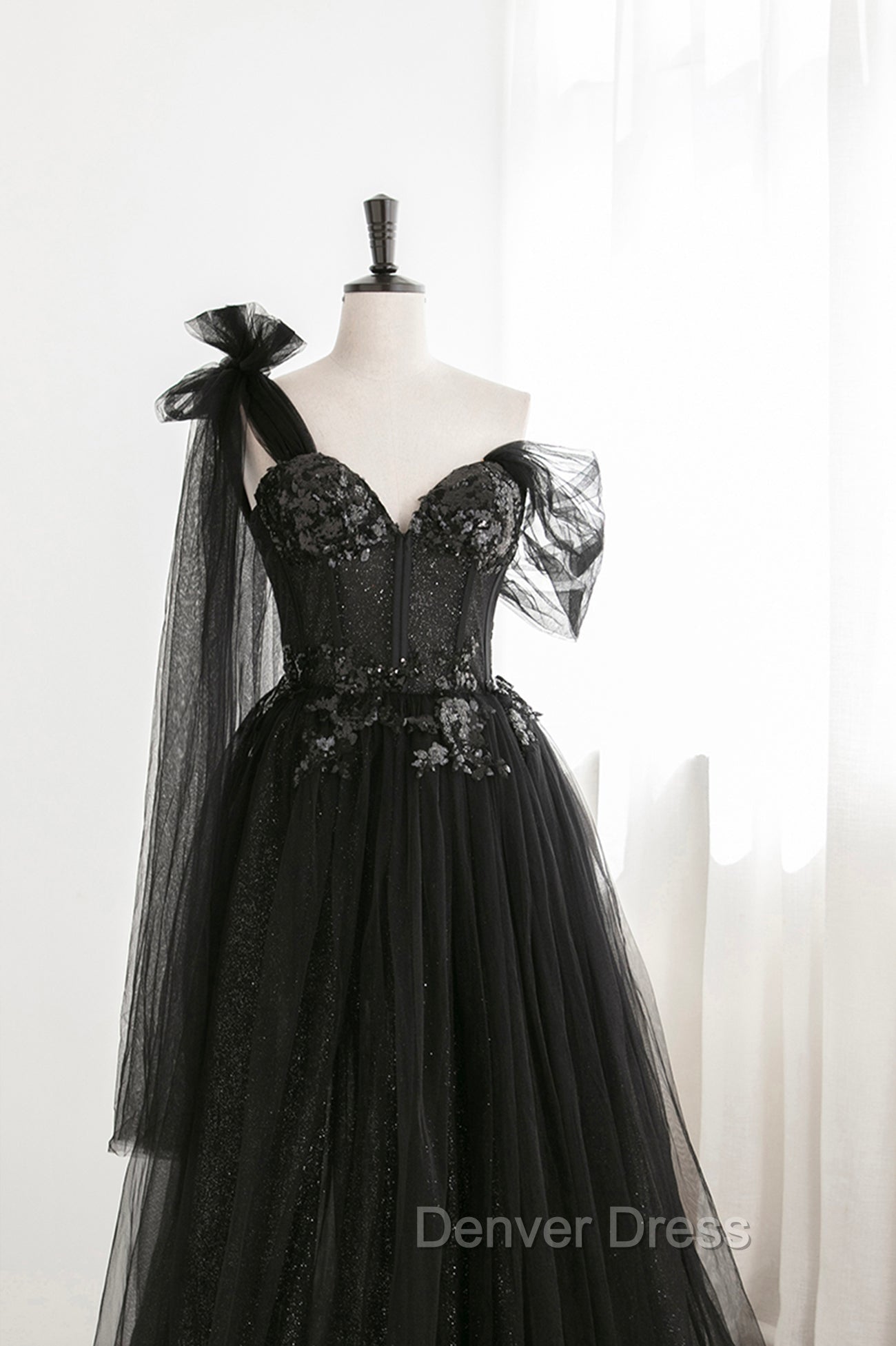Black Tulle Sequins Long Prom Dress, Black One Shoulder Prom Dresses