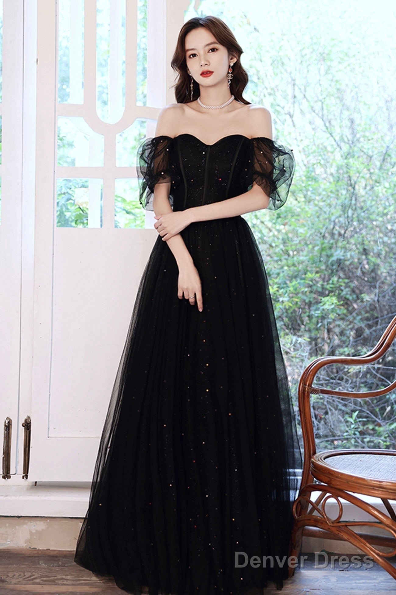 Black Tulle Sequins Long Prom Dress, Black Short Sleeve Evening Dress Secondary image