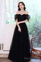 Black Tulle Sequins Long Prom Dress, Black Short Sleeve Evening Dress