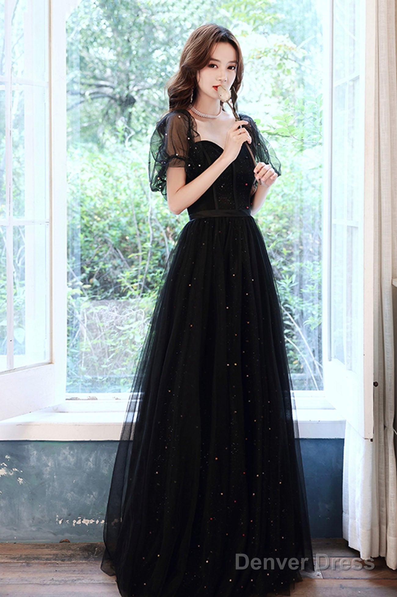 Black Tulle Sequins Long Prom Dress, Black Short Sleeve Evening Dress